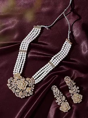 Floral Design American Diamond Necklace Set with Multi Strand Pearls