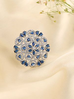 Blue Stone Floral Cluster American-Diamond Adjustable Statement Ring