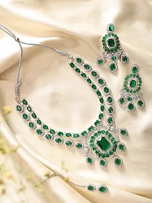 Teardrop Design American-Diamond Bridal Necklace Set with Maang Tikka