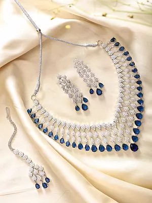 V Shape American-Diamond Bridal Necklace Set with Maang Tikka