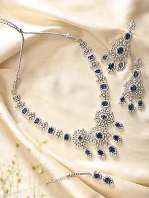 Stone Studded Floral Cluster American-Diamond Necklace Set with Maang Tikka