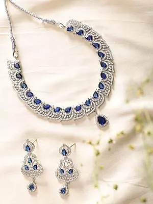 Stone Studded Leaf Style American-Diamond Bridal Necklace Set