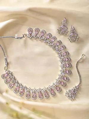 Teardrop Stone Studded American-Diamond Bridal Necklace Set with Maang Tikka