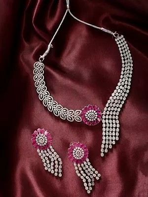 Designer Floral Drop American-Diamond Wedding Necklace Set with Maang Tikka