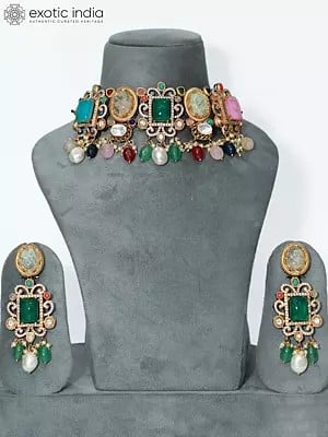 Multicolor Stone Studded Necklace Set With Designer Earrings