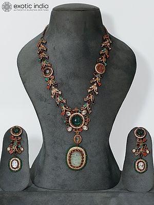 Stone Floral Design Long Studded Necklace Set With Earrings