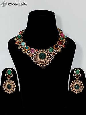 Multicolor Kundan Stone Studded Necklace Set With Earrings