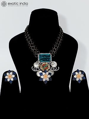 Floral Design Aqua Stone Studded Necklace Set With Earrings