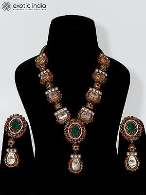 Multicolor Emerald Long Stone Studded Necklace Set With Earrings