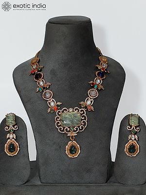 Multi And Lemon Floral Stone Studded Necklace Set With Earrings