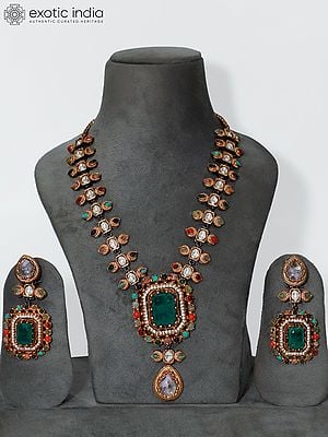 Long Multicolor Emerald Stone Studded Necklace Set With Earrings