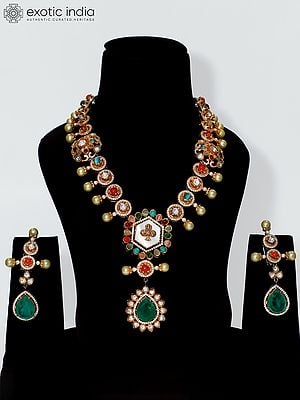 Mint And Multicolor Kundan Necklace Set With Earrings