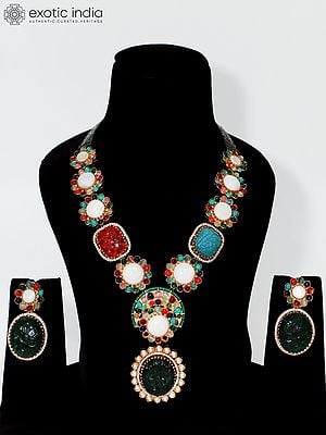 Stone Studded Multi Emerald Necklace Set With Earrings | Indian Fashion Jewelry