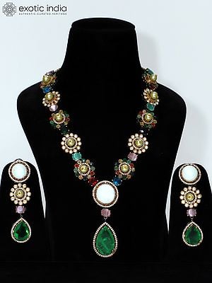 Victoria Polish Apple Green Stone Studded Long Necklace Set With Earrings