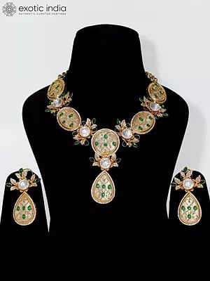 Gold And Green Flower Design Necklace Set With Earrings