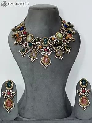 Multicolor Stone Studded Necklace Set With Earrings | Indian Fashion Jewelry