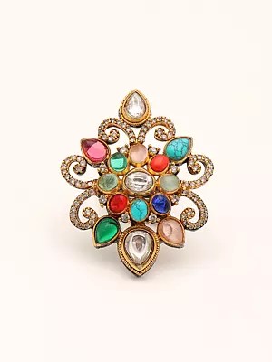 Floral Design Multicolor Stone Studded Adjustable Ring