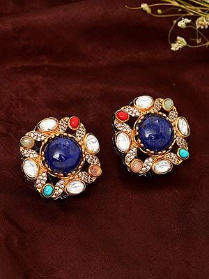 Square Shape Multi Stone Studded Earrings with Blue Stone In Center