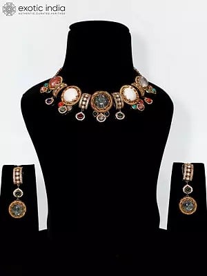 Embellished Stone Studded Choker Necklace Set With Earrings