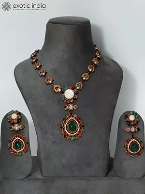 Floral Design Embellished Stone Studded Necklace Set With Earrings