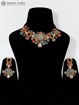 Multicolor Elegant stone Studded Choker Necklace Set With Earrings