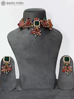 Multicolor Floral Design Stone Studded Choker Necklace Set With Earrings