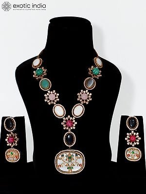 Floral Design MOP Stone Studded Embellished Long Necklace Set With Earrings