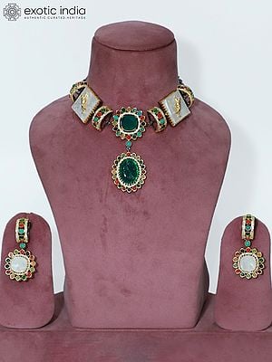 Stone Studded Choker Stylish Necklace Set With Earrings