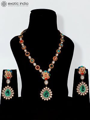 Victoria Polish Stone Studded Designer Necklace Set With Earrings