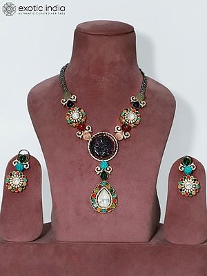 Stone Studded Floral Design Long Necklace Set With Earrings