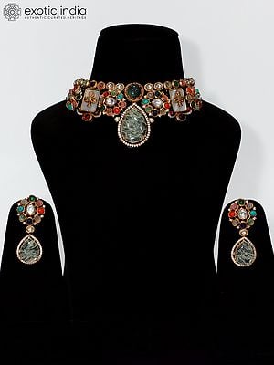 Multicolor Embellished Stone Studded Choker Necklace Set With Earrings