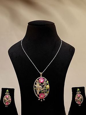 Oval Shaped Floral Design Pendant and Earrings Set