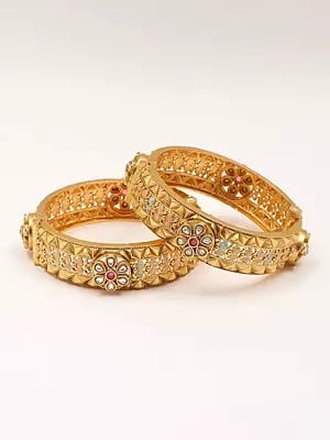 Floral Design Stone Studded Openable Pair of Bangles