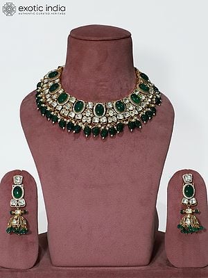 Elegant Beaded And Stone Studded Copper And Kundan Necklace Set With Earrings