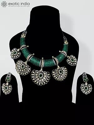 Stone Studded Beautiful Design Copper And Kundan Necklace Set With Earrings