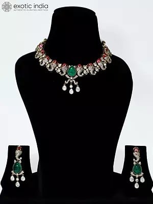 Beautiful Stone Studded Copper And Kundan Necklace Set With Earrings