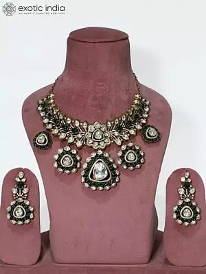 Green Floral Design Embellished Copper And Kundan Necklace Set With Earrings