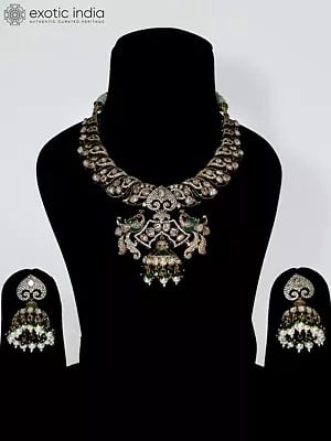 Peacock Design Embellished And Beaded Copper And Kundan Necklace Set With Earrings