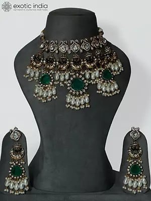 Designer Embellished And Beaded Copper And Kundan Necklace Set With Earrings