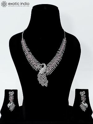 Stone Studded Peacock Design American Diamond Necklace Set With Earrings