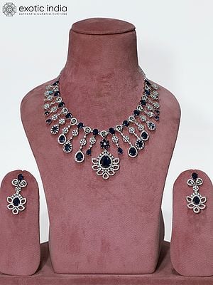 Floral Design Stone Studded American Diamond Necklace Set With Earrings