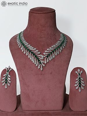 Leaf Design Stone Studded American Diamond Necklace Set With Earrings