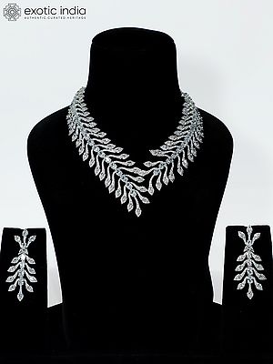 American Diamond Necklace Set with Leaf Motifs and Green Gemstones