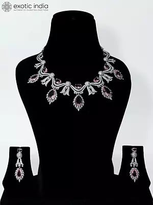 Floral Design Stone Studded American Diamond Necklace Set With Earrings