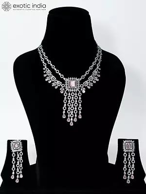 Two Layered Stone Studded American Diamond Necklace Set With Earrings