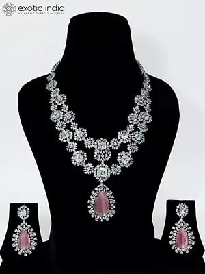 Stone Studded Floral Design American Diamond Necklace Set With Earrings