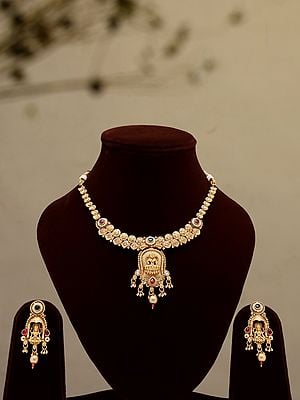 Stone Studded Goddess Lakshmi Necklace Set with Earrings