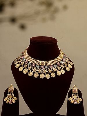 Stone Studded Brass Necklace Set with Earrings