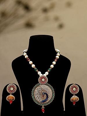 Stone Studded and Beaded Peacock Design Necklace and Earrings Set