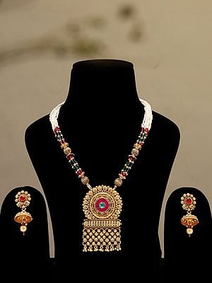 Multi Strand Floral Design Long Necklace & Earrings Set